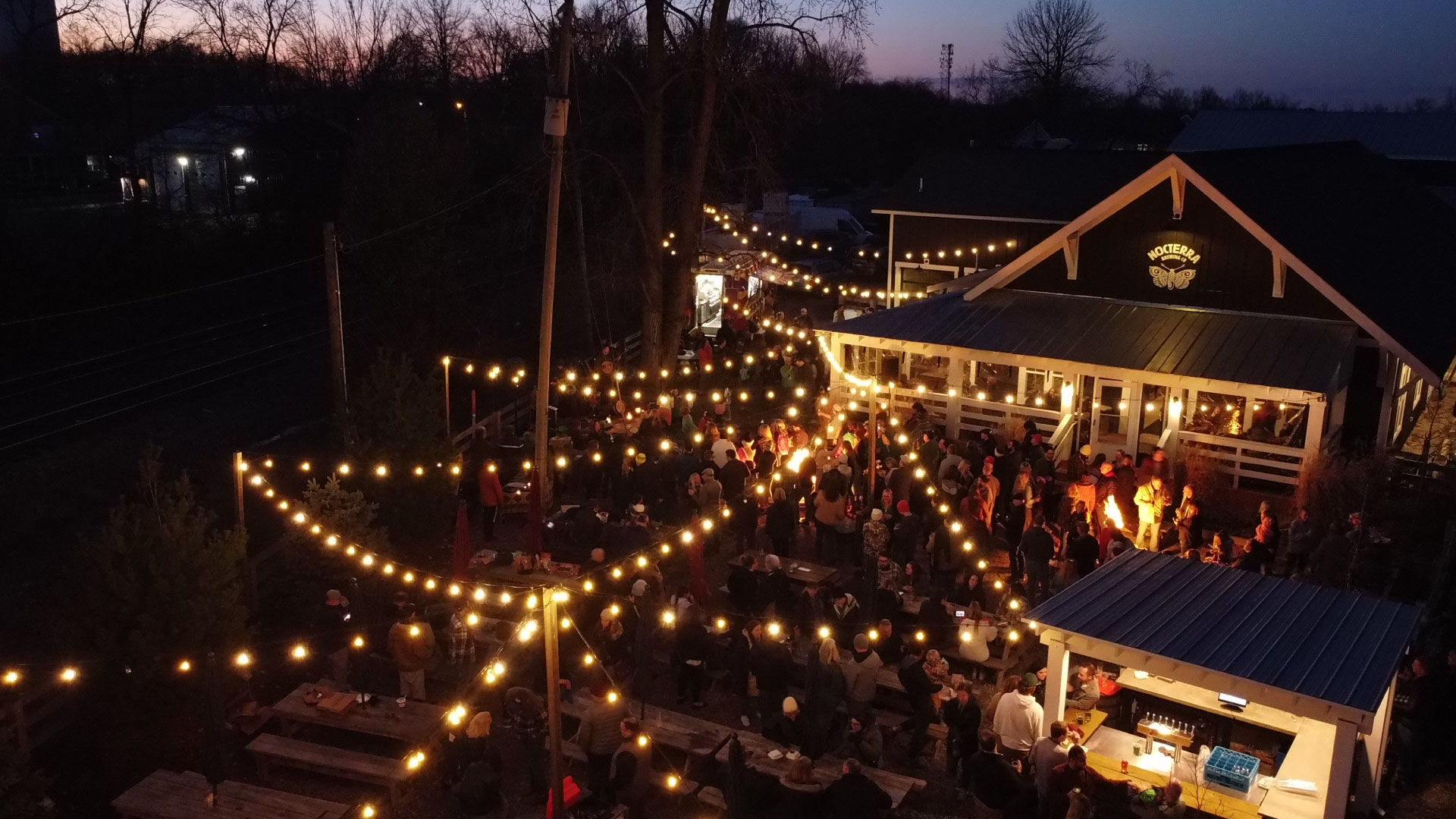 Nocterra Powell beer garden at dusk, seen from above